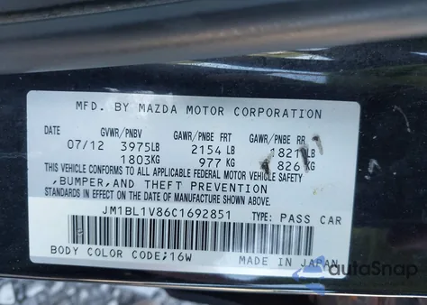 2012 Mazda Mazda3 I Touring z USA, uszkodzony, nr VIN JM1BL1V86C1692851